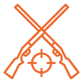 Two crossed guns on an orange background.