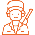 An orange icon of a man holding a gun.