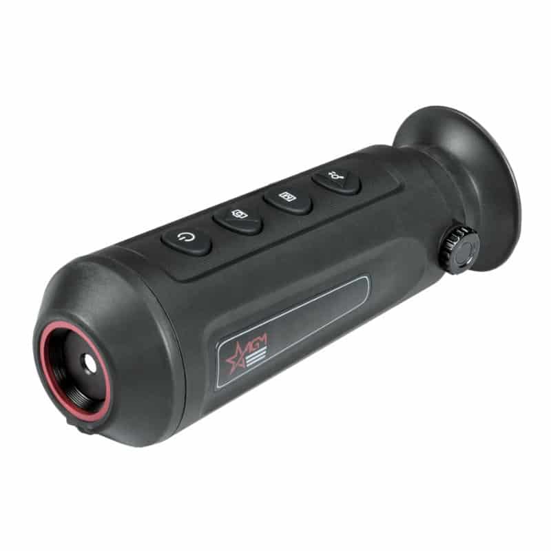 A black camera with a red button on it.