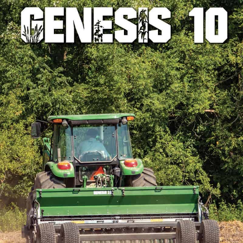 A green tractor with the words genesis 10 on it.