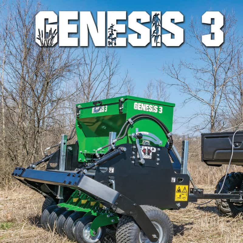 A green tractor with the words Genesis 3 - 36" working width on it.