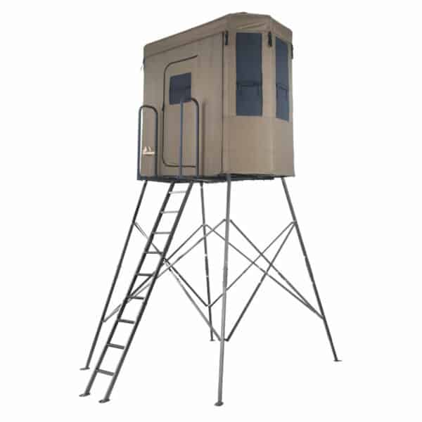 A tan hunting stand with a ladder.