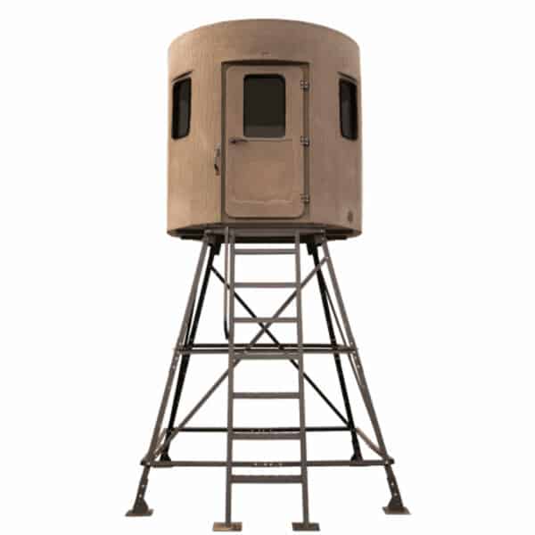 A tan hunting tower with a ladder on top.